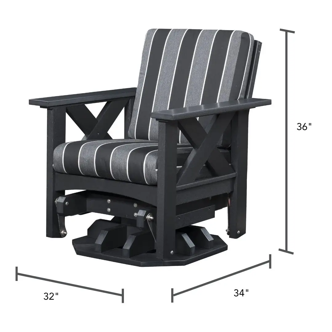 Dark wooden glider chair with striped gray-and-black cushions, designed for outdoor use; measures about 36 inches tall with a 32x34 inch footprint.