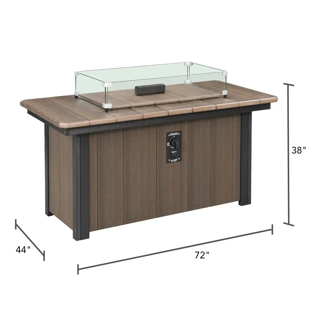 Outdoor wooden bar/kitchen island with a glass sneeze guard; 72" wide, 44" deep, 38" tall.