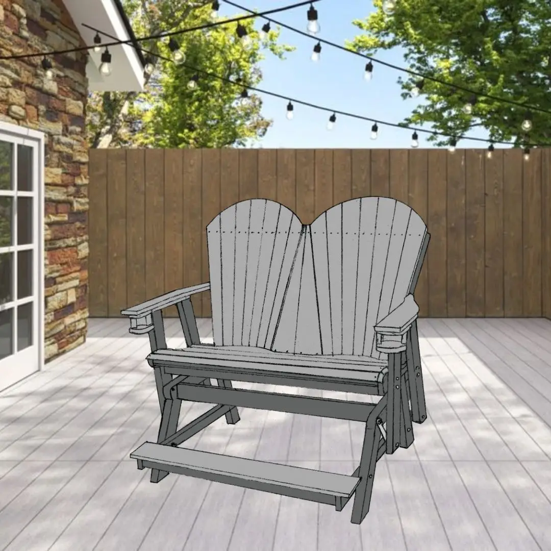 Grey wooden Adirondack chair on a sunlit deck with string lights overhead and a wooden fence in the background.