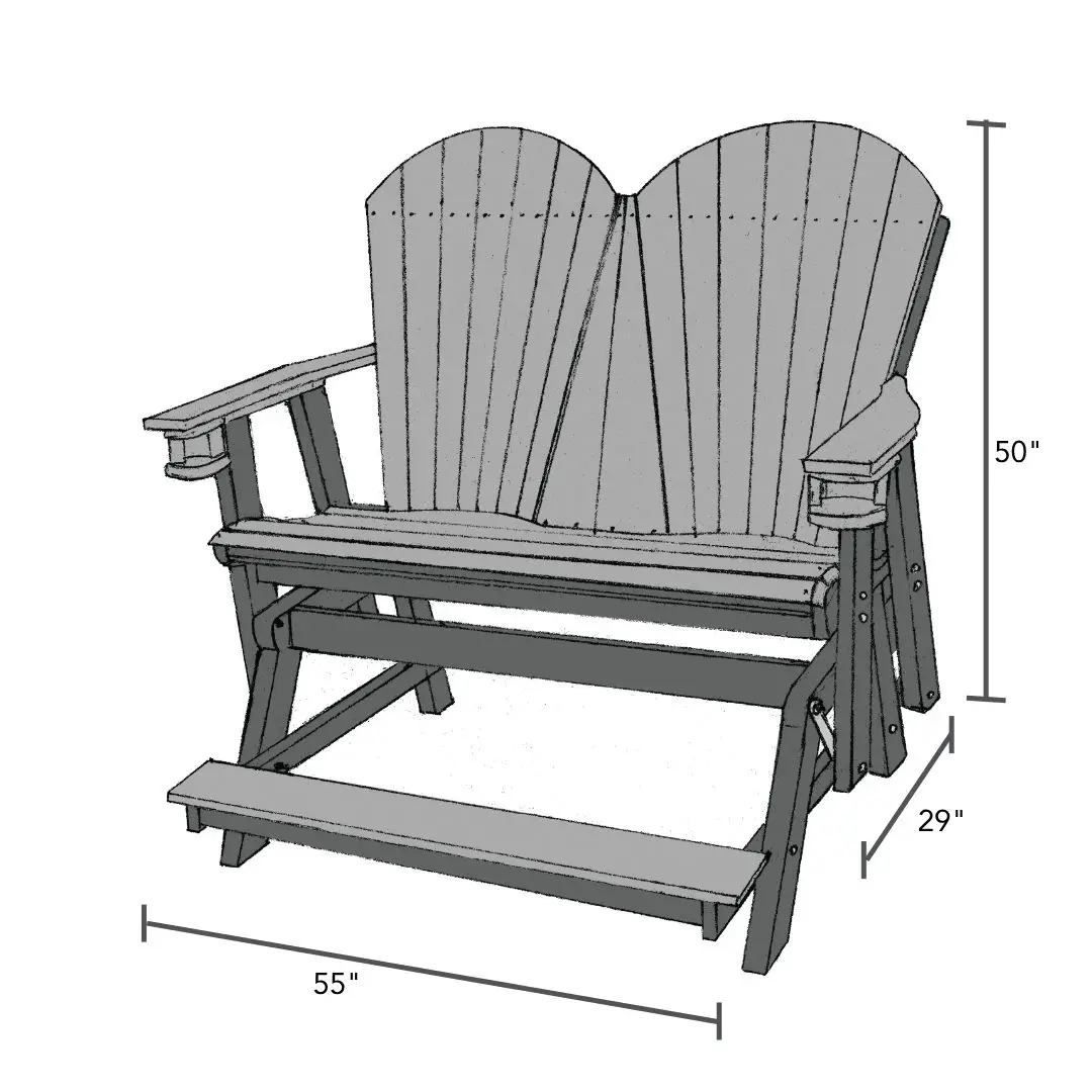 Outdoor wooden Adirondack chair with a tall, slatted back and wide armrests; dimensions shown: 55 in wide, 50 in tall, 29 in deep