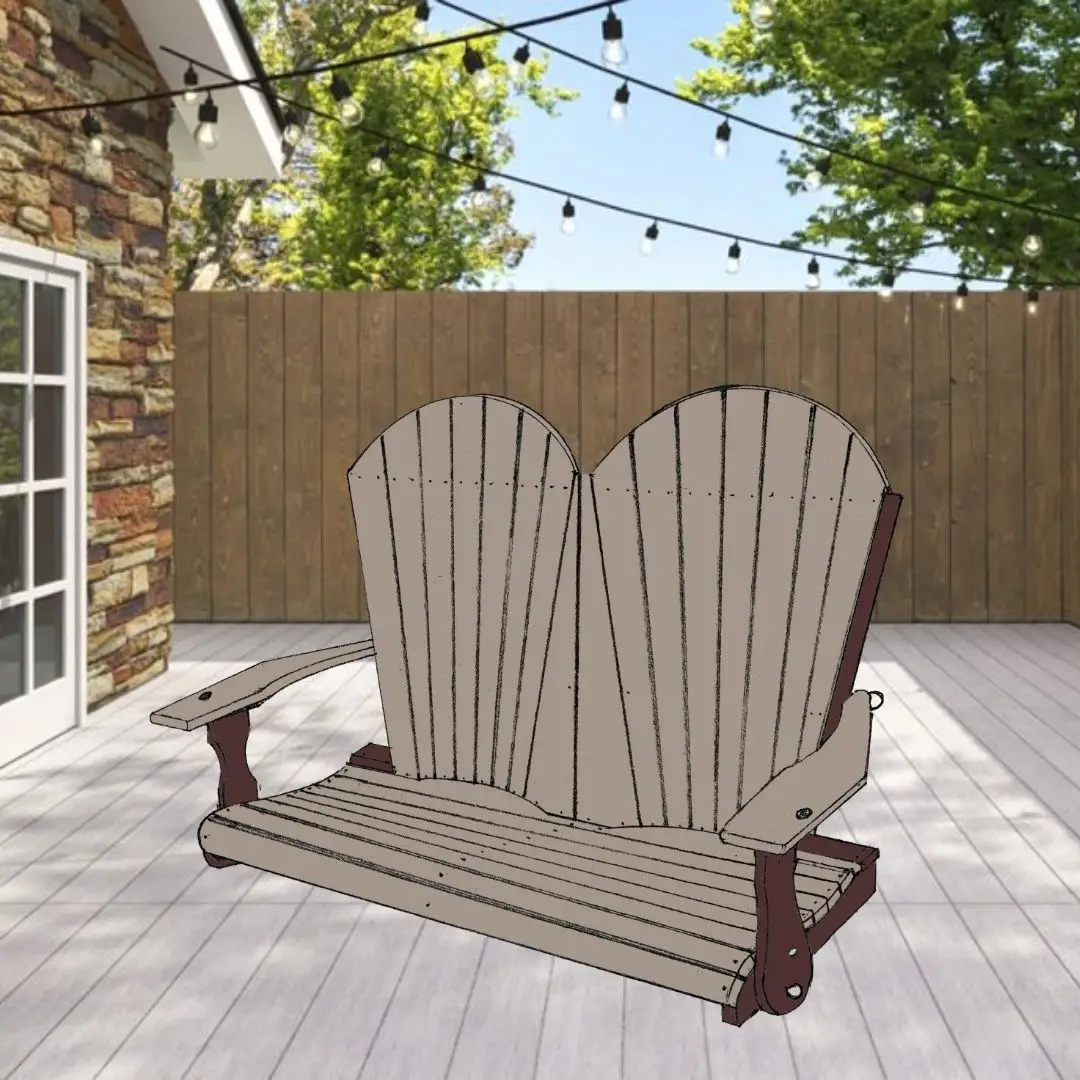 Double Adirondack-style loveseat on a wooden deck, with string lights overhead and a privacy wooden fence in the background.