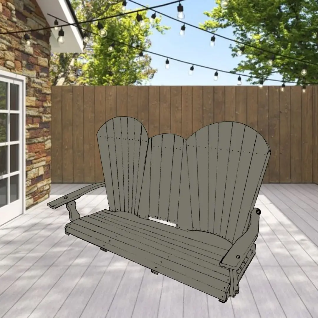 Gray wooden outdoor Adirondack-style bench with two armrests on a wooden deck, string lights overhead, stone wall and glass door to the left.