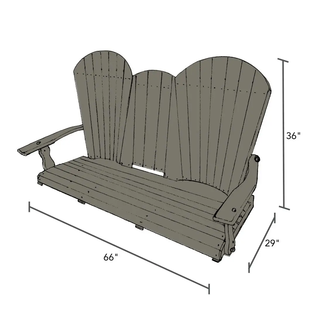Wooden outdoor bench with a curved, multi-panel back and wide armrests; dimensions shown: 66" long, 36" high, 29" deep.