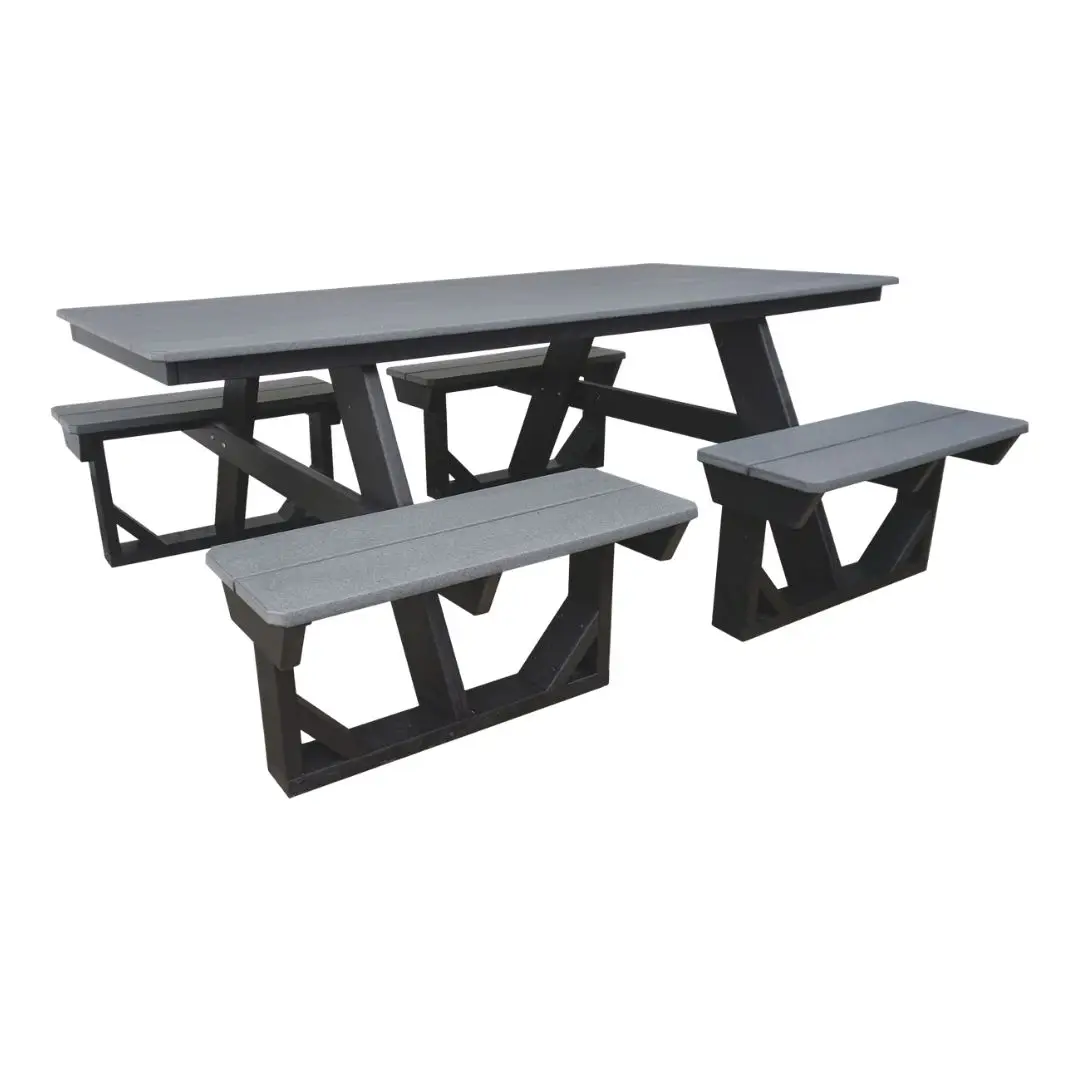 Gray plastic outdoor picnic table with two attached benches and angled supports