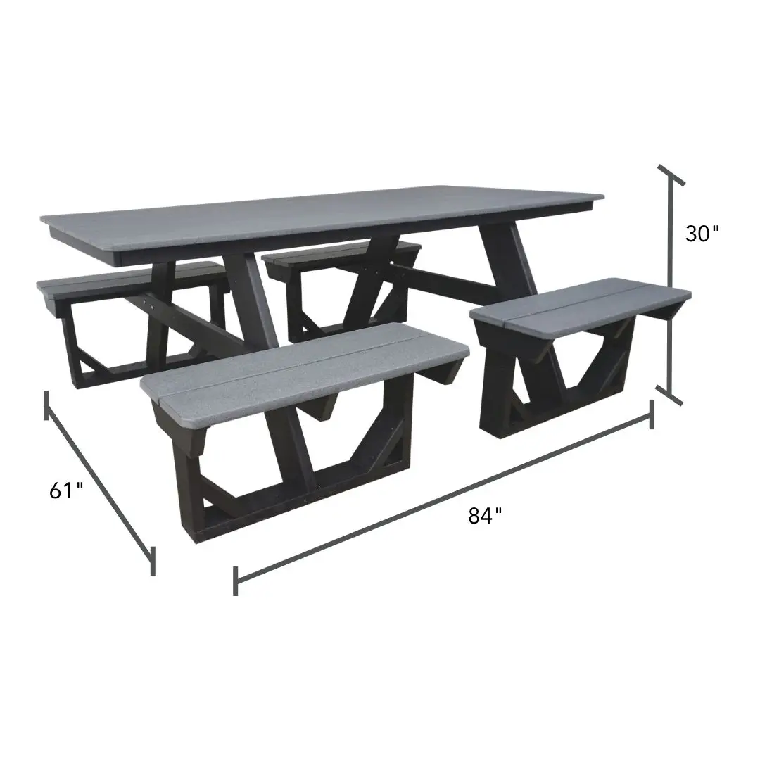 Outdoor gray wooden picnic table with two attached benches and a separate small bench, dimensions shown: 84" long, 61" wide, 30" high.