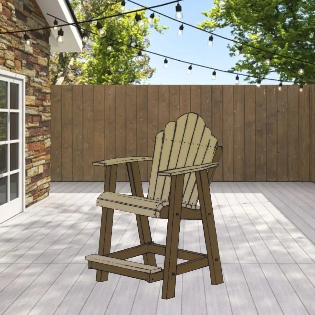 Wooden Adirondack-style high chair on a light deck, string lights overhead, and a wooden privacy fence in a sunny backyard.