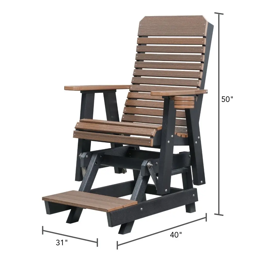 Tall outdoor Adirondack-style chair with a dark frame and brown slats, featuring a built-in footrest and a small right-side table; overall 50" tall, 40" wide, 31" deep.