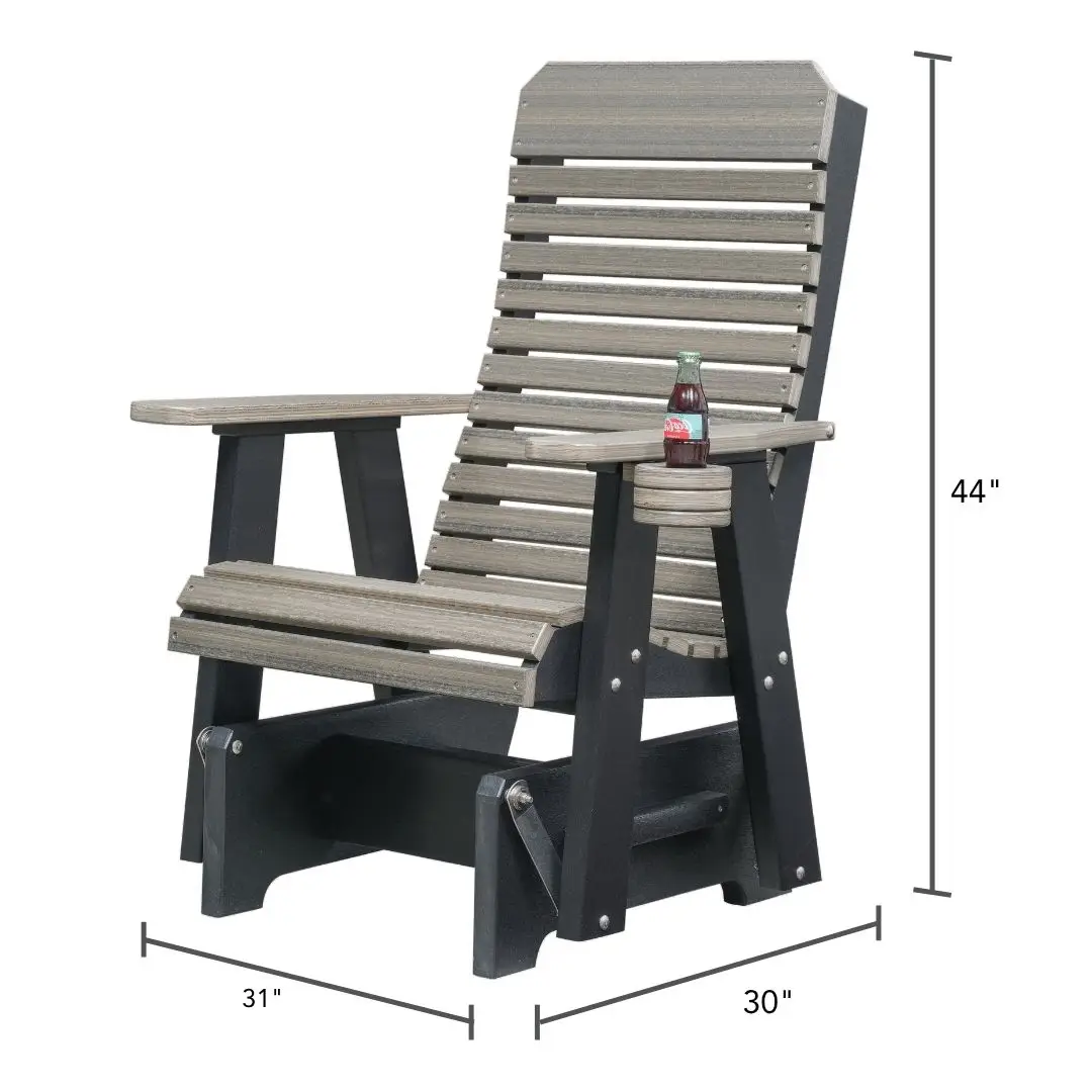 Weathered wooden Adirondack chair with a dark frame; 31" W x 30" D x 44" H dimensions.
