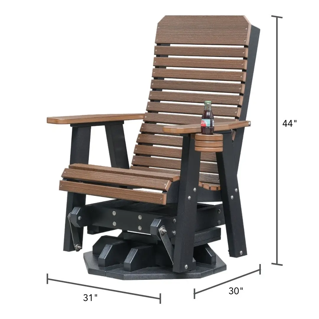 Wooden outdoor Adirondack-style chair with a black frame, brown slatted seat and tall back; features a small cup holder on the right arm and measures about 44 inches tall, 31 inches wide, and 30 inches deep.