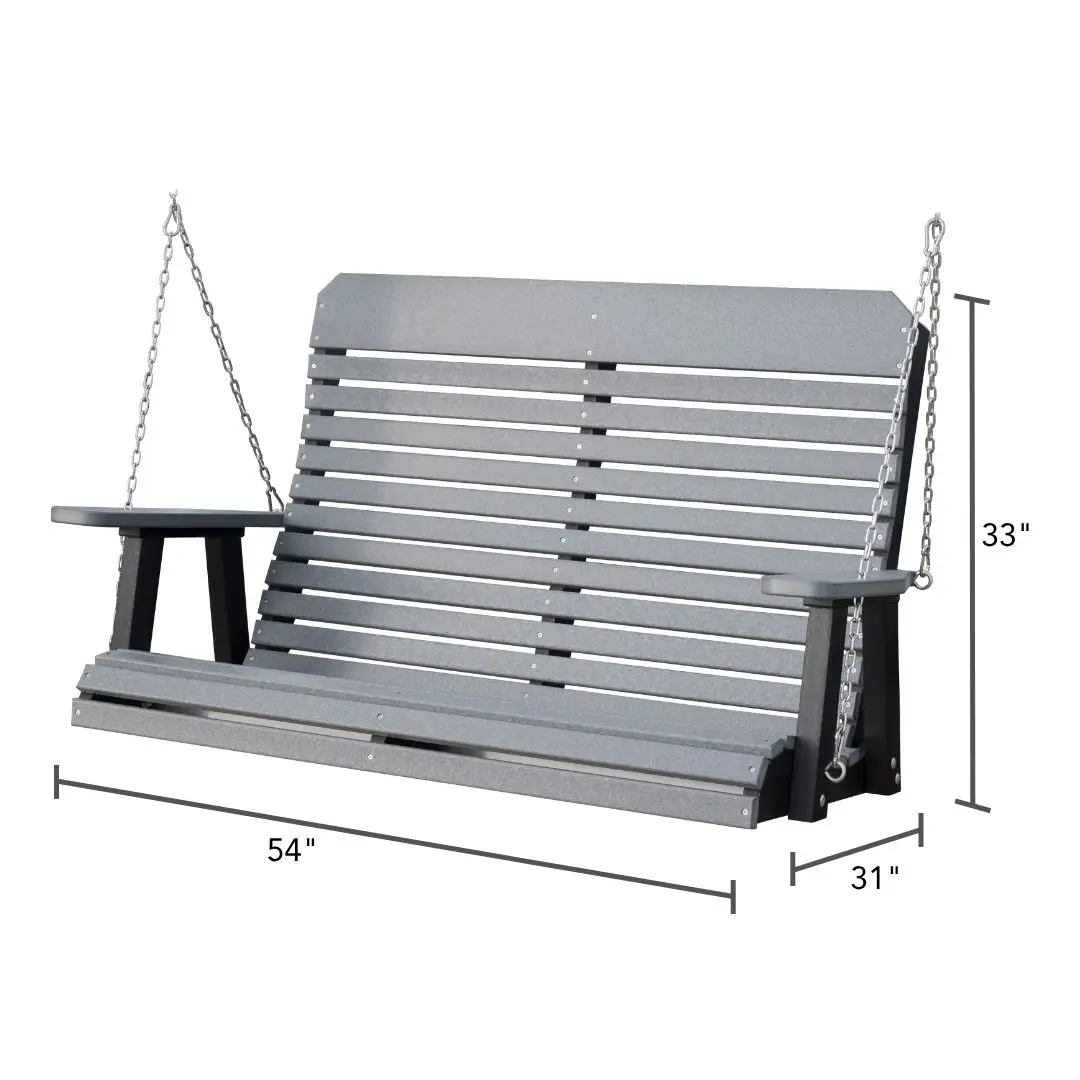 Gray metal outdoor porch swing on chains with wood slats, dimensions: 54" wide, 31" deep, 33" tall.