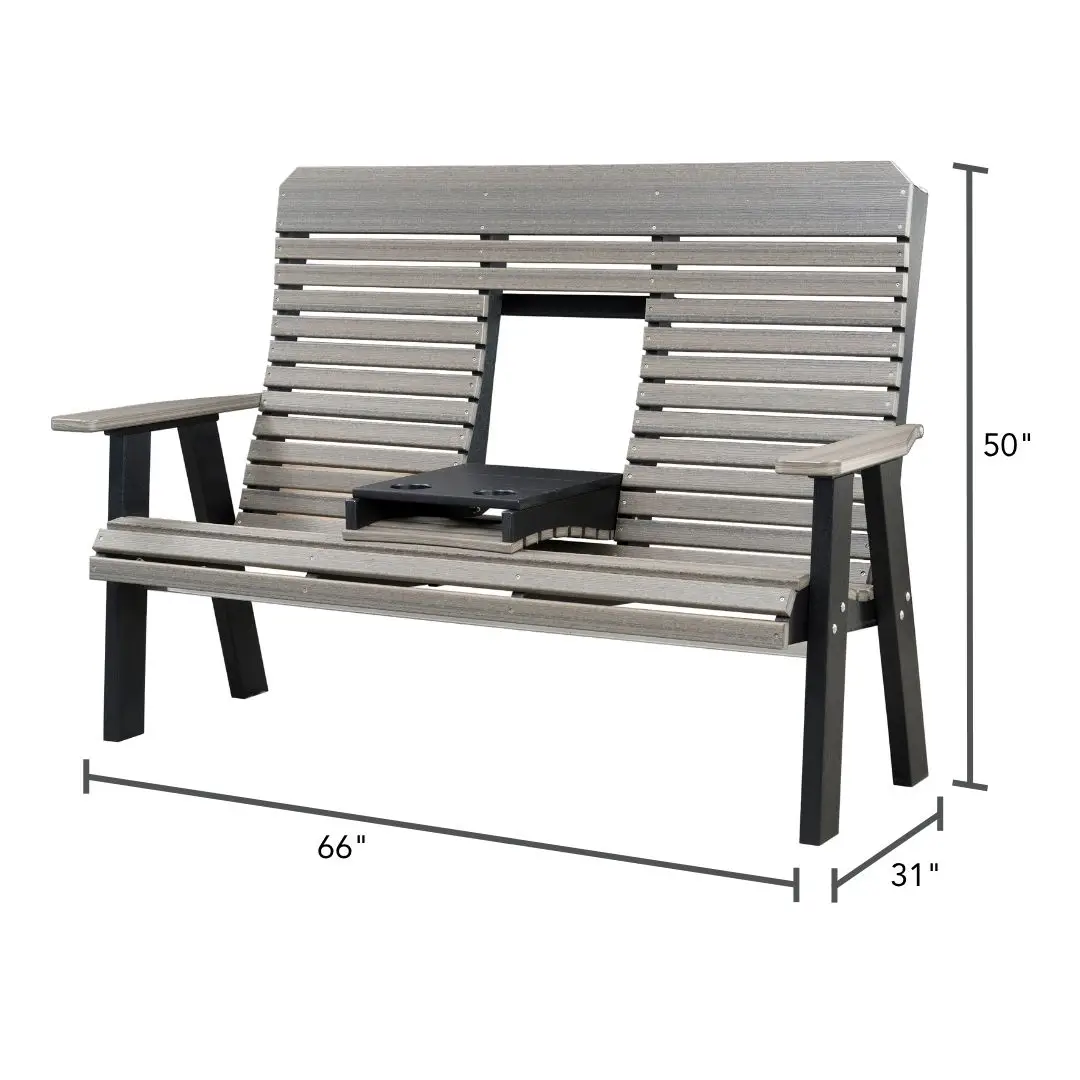 Outdoor wooden slat bench with high back and integrated center console (cup holders); overall 66 inches long, 50 inches tall, 31 inches deep.