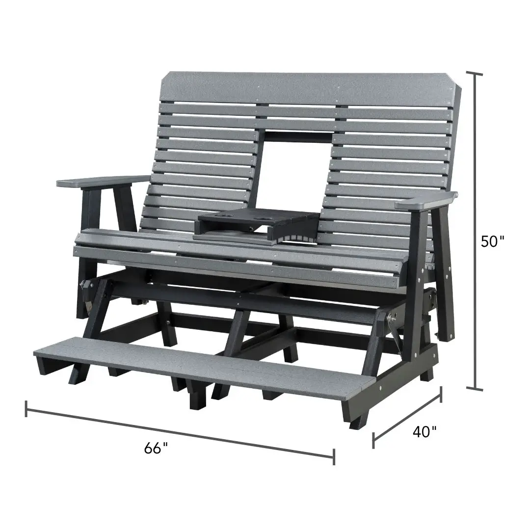 Gray outdoor double wooden bench with built-in center tray, wide arms, and stepped supports; dimensions shown: 66 in long, 40 in deep, 50 in tall.