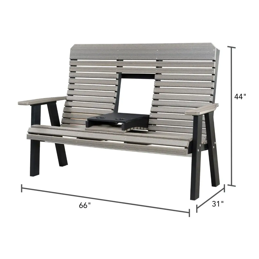 Outdoor slatted wooden bench with built-in black center fire feature; 66" long, 44" high, 31" deep.