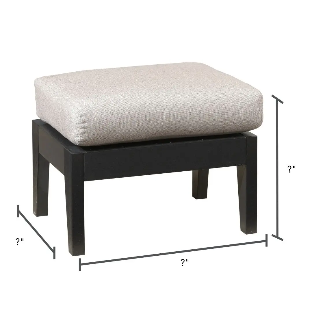 Black wooden ottoman with a beige upholstered cushion, with dimension arrows and question marks indicating measurements (width, depth, height).