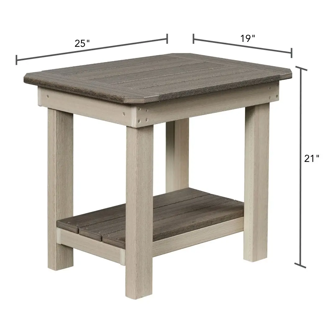 Wooden end table with two-tier shelf, measuring about 25 by 19 inches and 21 inches tall, in a light graywashed finish