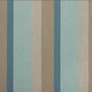 Vertical striped fabric pattern with alternating teal blue, light blue, beige, and tan stripes in muted tones