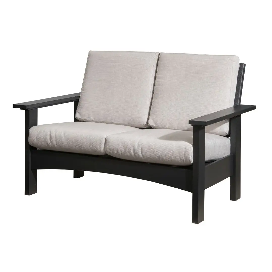 Outdoor black wooden loveseat with light beige cushions on a patio setting
