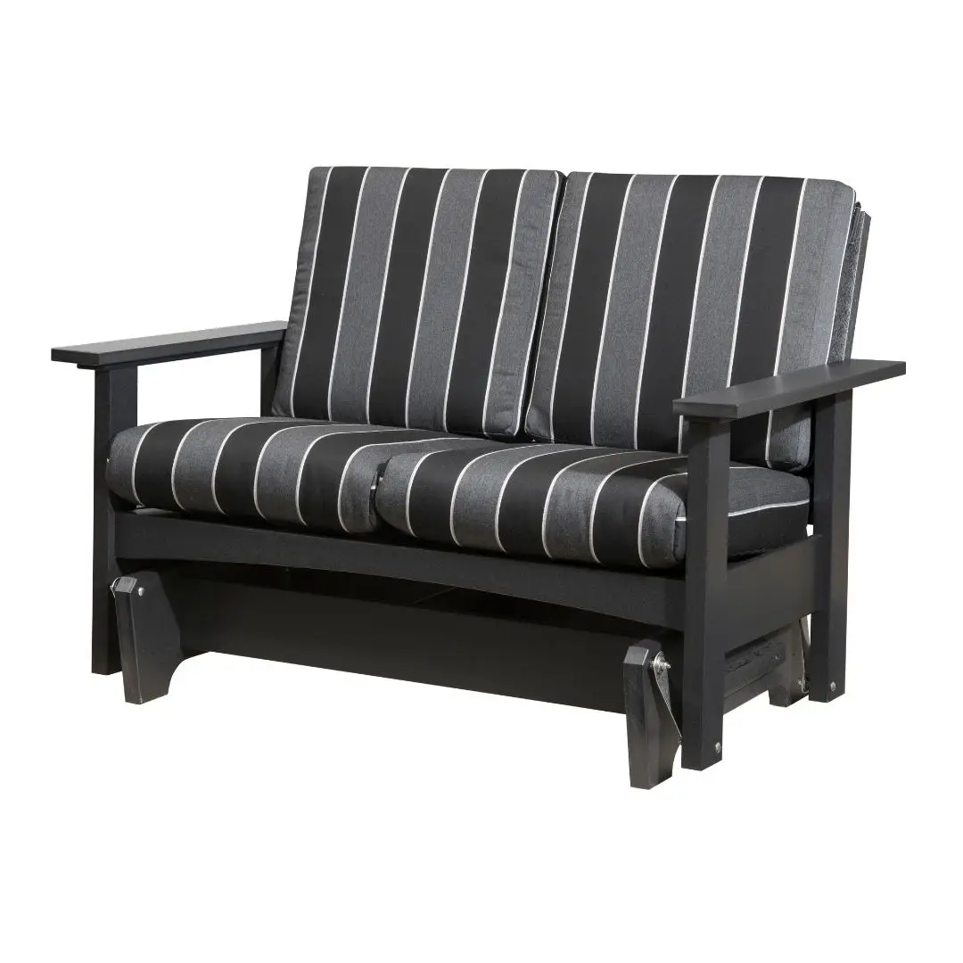 Black wooden outdoor loveseat with striped gray and charcoal cushions on a gliding frame, two-seat bench style.