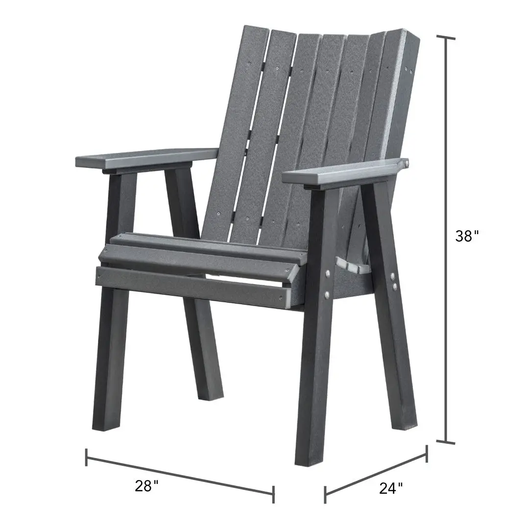 Gray wooden Adirondack-style outdoor chair with wide armrests; dimensions shown: 38" tall, 28" wide, 24" deep.