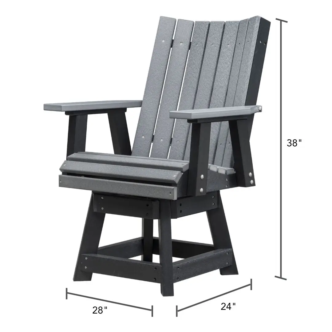 Gray wooden Adirondack outdoor chair with wide back and armrests, dimensions 28" W x 24" D x 38" H.