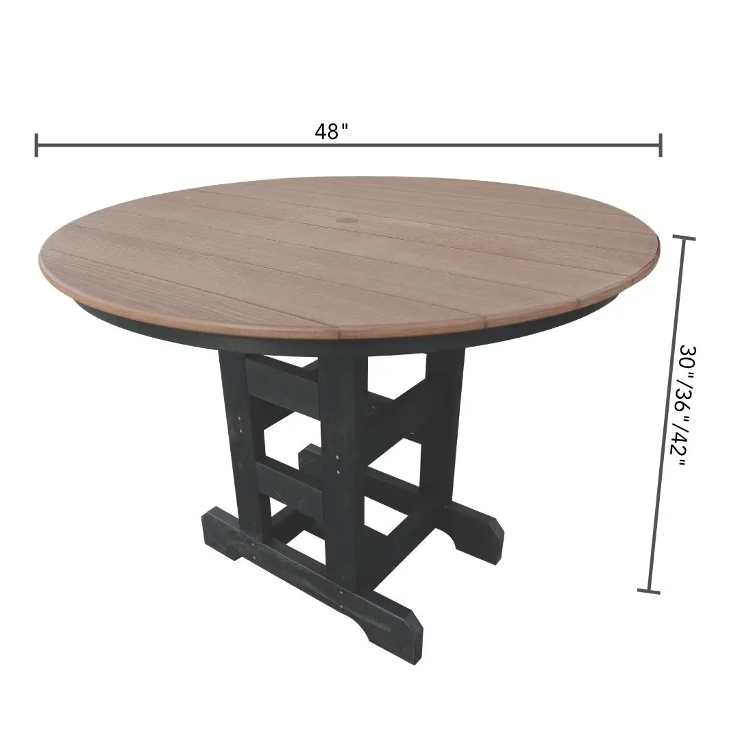 Round wooden dining table, 48-inch diameter, with a black trestle base; height options shown as 30, 36, or 42 inches (adjustable).