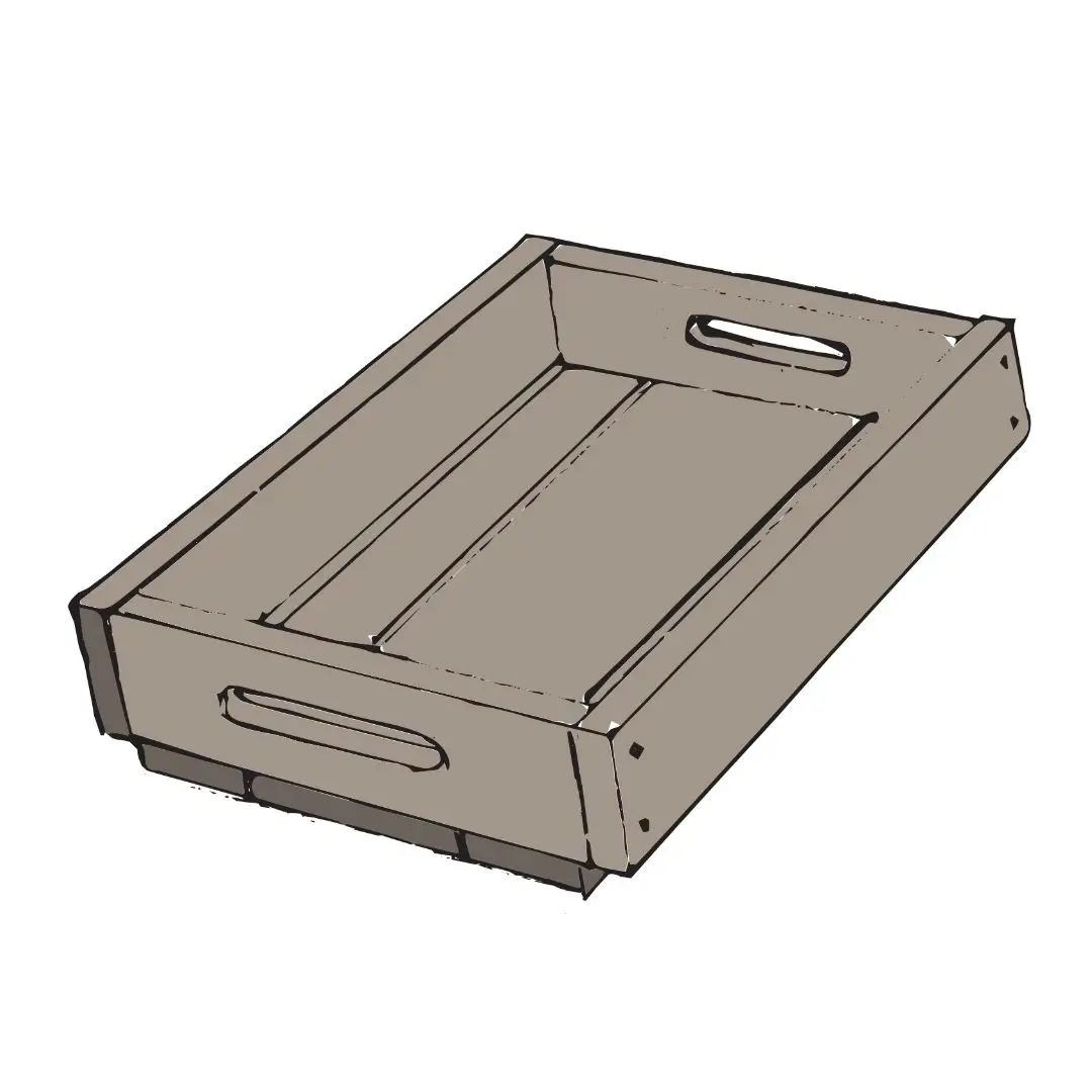 Wooden open-top storage crate with two side handles, viewed from an angled perspective
