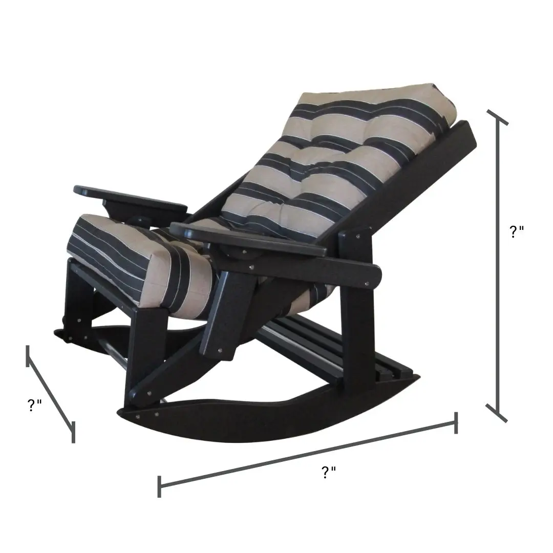 Wooden rocking recliner with striped beige and dark blue cushions, shown at an angle.