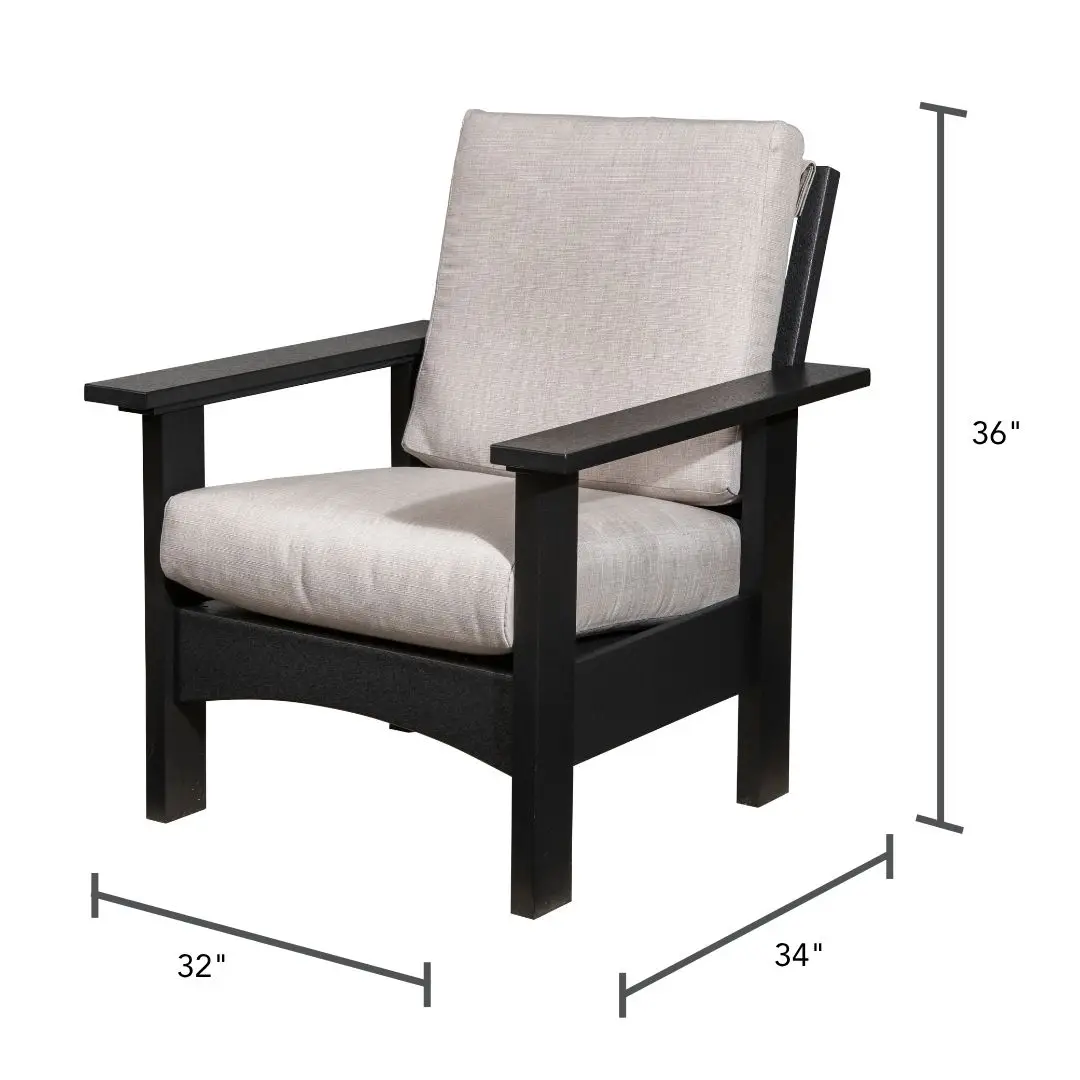 Black wooden armchair with beige cushions; dimensions 32 in wide, 34 in deep, 36 in high.