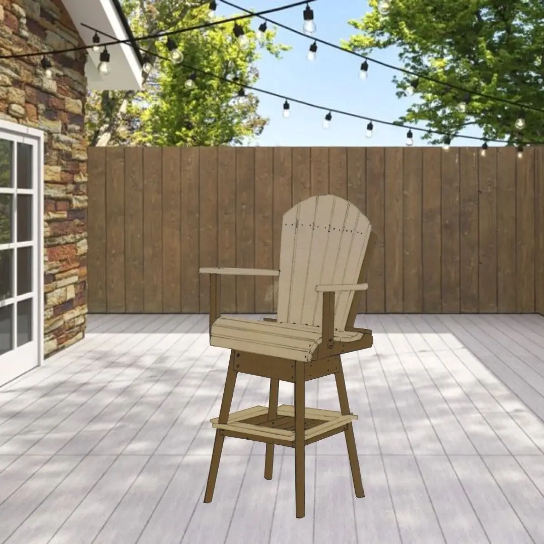 Beige wooden Adirondack chair on a wooden step stool on a light deck, string lights overhead and a privacy fence behind in a sunny backyard.