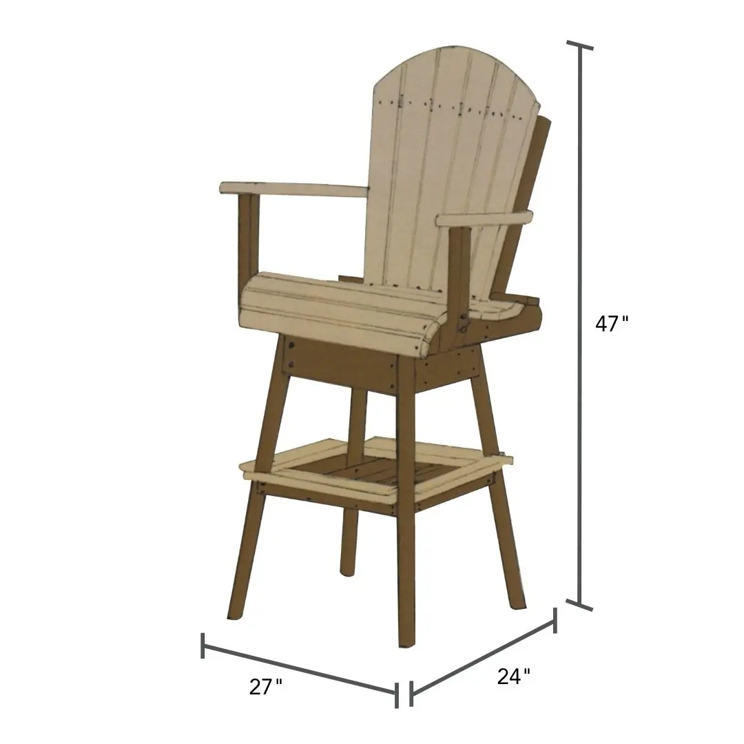 Wooden high chair with a slatted back and armrests; overall height 47 inches, base footprint 27 by 24 inches.