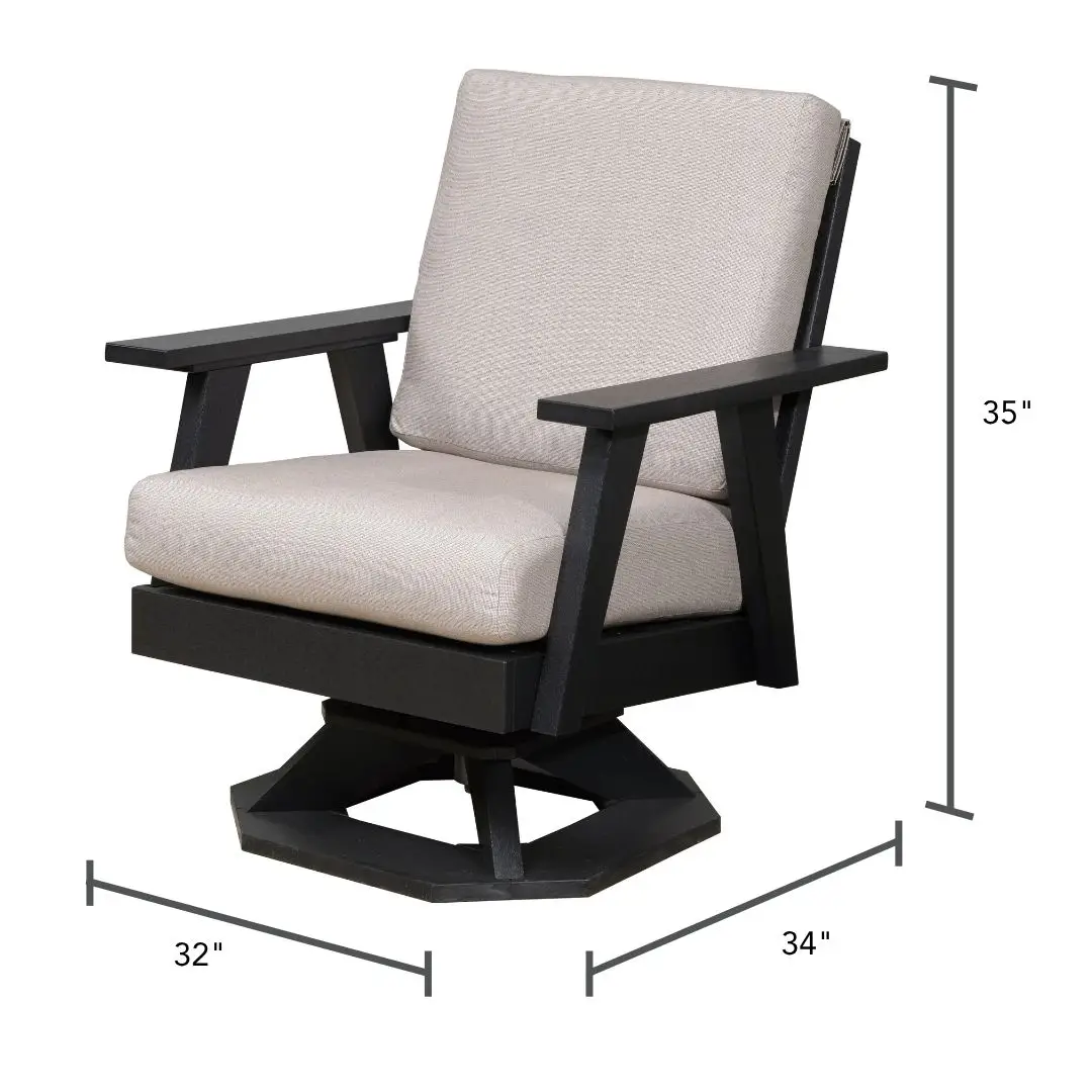 Swivel armchair with a black frame and beige cushions; shown dimensions: 32 in W x 34 in D x 35 in H.